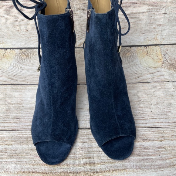 Vaneli Blue Suede Peep Toe Chunky Wood Heels Slingback Sandal Booties Size 10 - Picture 3 of 8